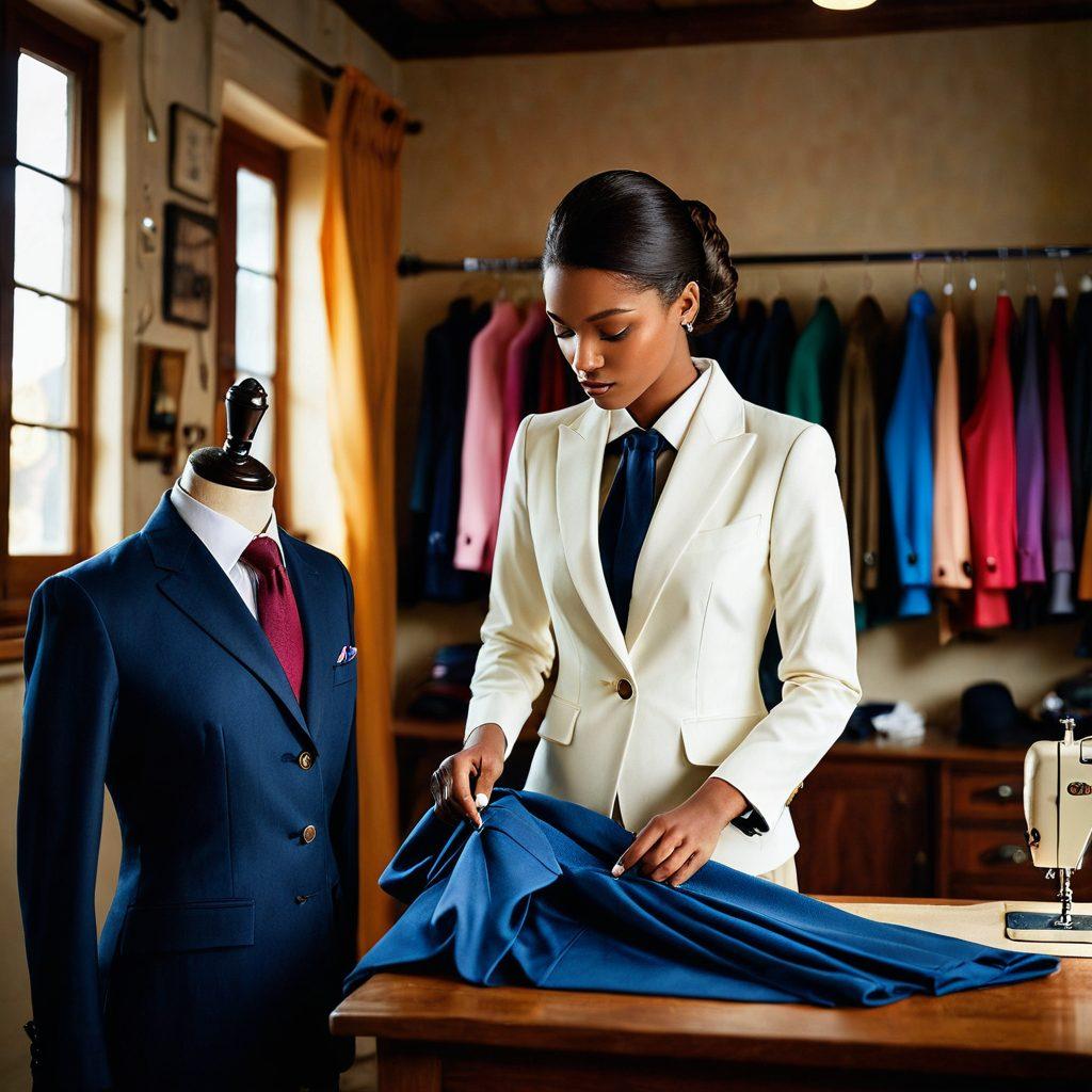 A sophisticated tailor meticulously adjusting a finely crafted uniform on a mannequin in a stylish workshop filled with colorful fabrics and intricate sewing tools. Soft light beams in from a nearby window, highlighting the elegance and craftsmanship of tailored uniforms. The atmosphere conveys professionalism and artistry with a backdrop of hanging tailored outfits. super-realistic. vibrant colors. warm lighting.