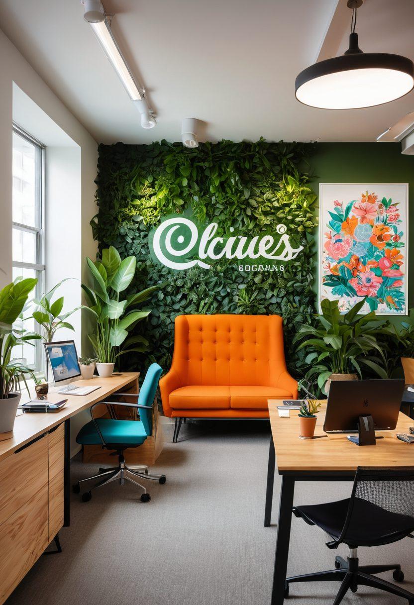 A cheerful office space filled with diverse employees wearing colorful, customized apparel, showcasing company logos and personal designs. The environment is bright and inviting, featuring plants, inspirational posters, and collaborative workstations. Capture the spirit of teamwork and creativity with smiles and friendly interactions among colleagues. super-realistic. vibrant colors. modern office setting.