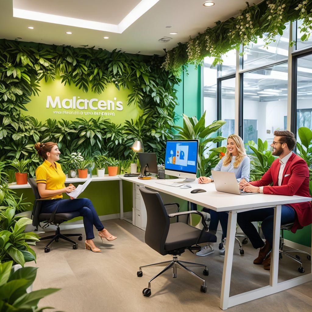 A vibrant office scene showcasing happy employees in customized uniforms that reflect their personalities, with bright colors and creative designs. Include elements of collaboration and teamwork, such as group discussions and laughter, to emphasize joy in the workplace. The background features motivational quotes and plants for a refreshing atmosphere. super-realistic. vibrant colors. cheerful ambiance.